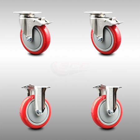 Service Caster 5 Inch 316SS Red Polyurethane Swivel Top Plate Caster Lock Brake 2 Rigid, 2PK SCC-SS316TTL20S514-PPUB-RED-2-R-2